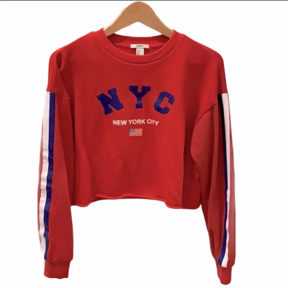 Forever 21 Red White Blue Crop New York Sweatshirt Racing Stripe S America USA